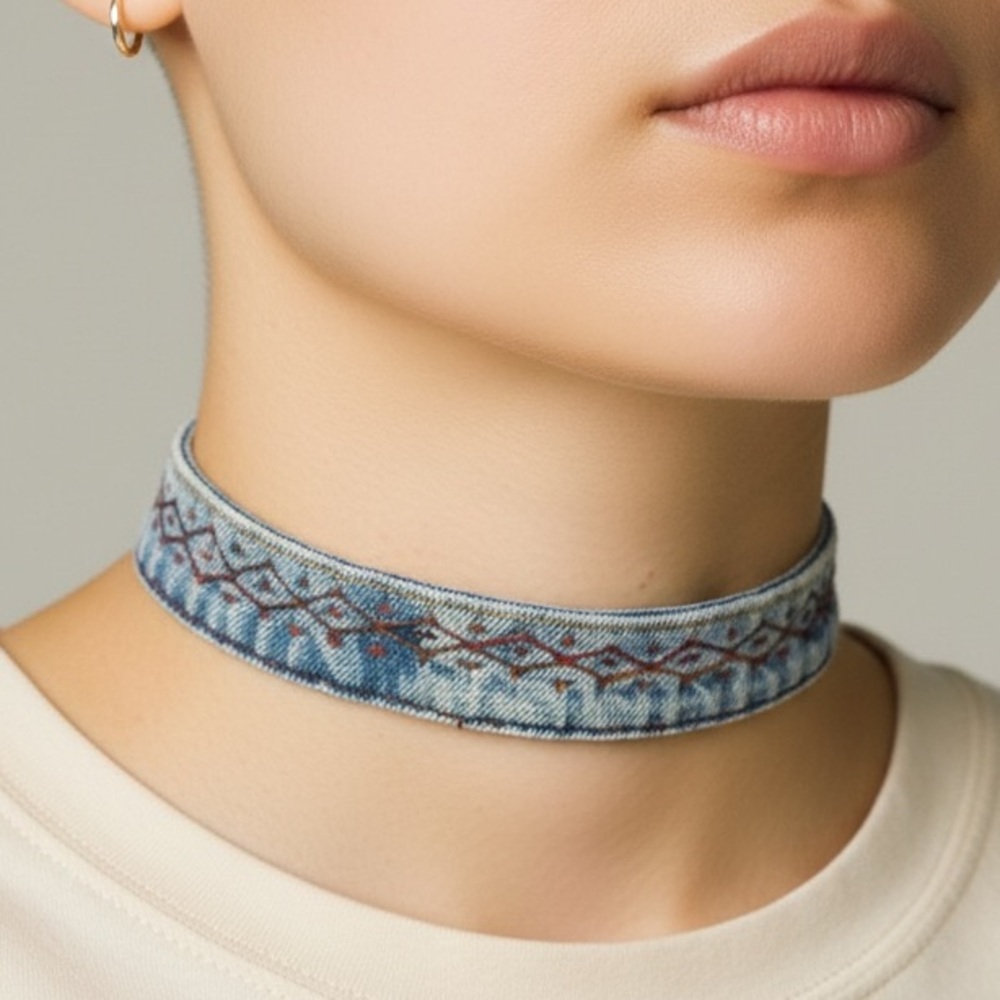 Stylish Jean Sashiko Patterned Choker Necklace Punk Boho OOAK‎ upcycled Handmade